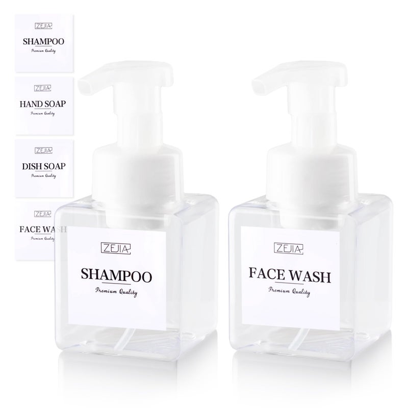 ZEJIA 250ML Foaming Soap Dispenser, 2-Pack Plastic Hand Soap Dispenser, Refillable Leakproof Foam Pump Bottle with Waterproof Labels, for Shampoo, Body Wash - Image 1